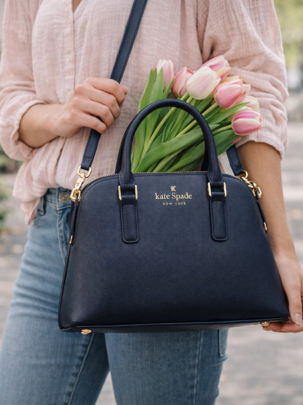Kate Spade Navy Leather Satchel Top Handle Crossbody Bag Classic Structured Purs